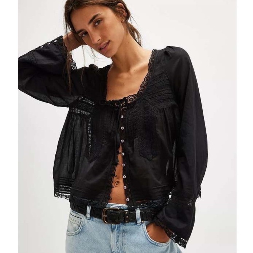 Free People Long Sleeve Evermore Top Peasant Blouse Black Lace Button - Large